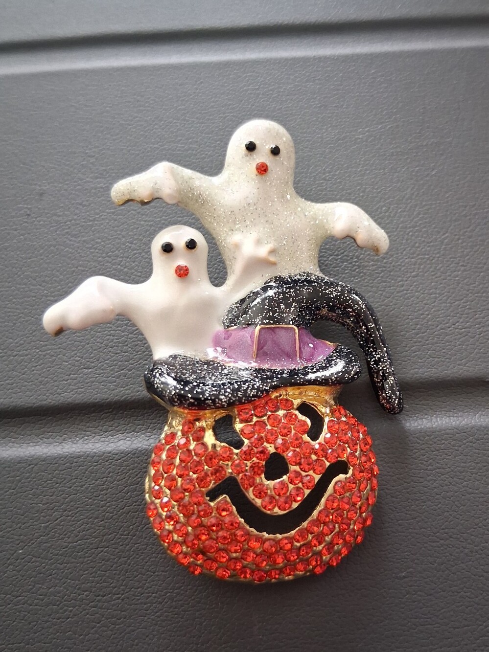 Ghosts and Pumpkin Gold Brooch